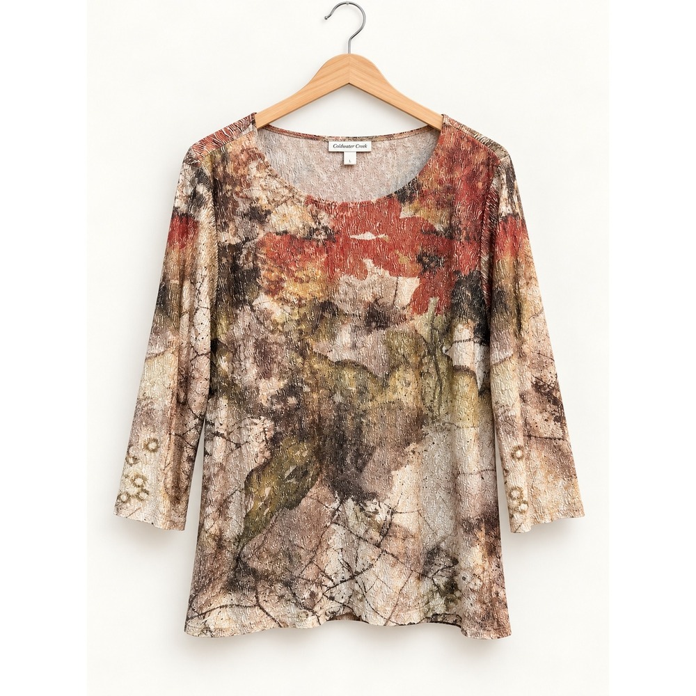 Coldwater Creek XL pink Brown Abstract Floral Crinkle Plisse 3/4 Sleeve Top